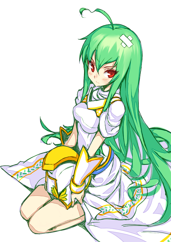 1girl, ahoge, armor, athena_(p&amp;d), green_hair, headwear_removed, helmet, helmet_removed, hong_(white_spider), looking_at_viewer, puzzle_&amp;_dragons, red_eyes, seiza, sitting, solo
