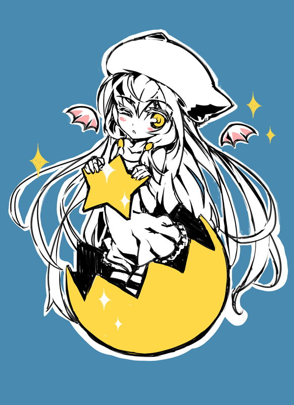 1girl, blush_stickers, eggshell, hat, long_hair, looking_at_viewer, personification, puzzle_&amp;_dragons