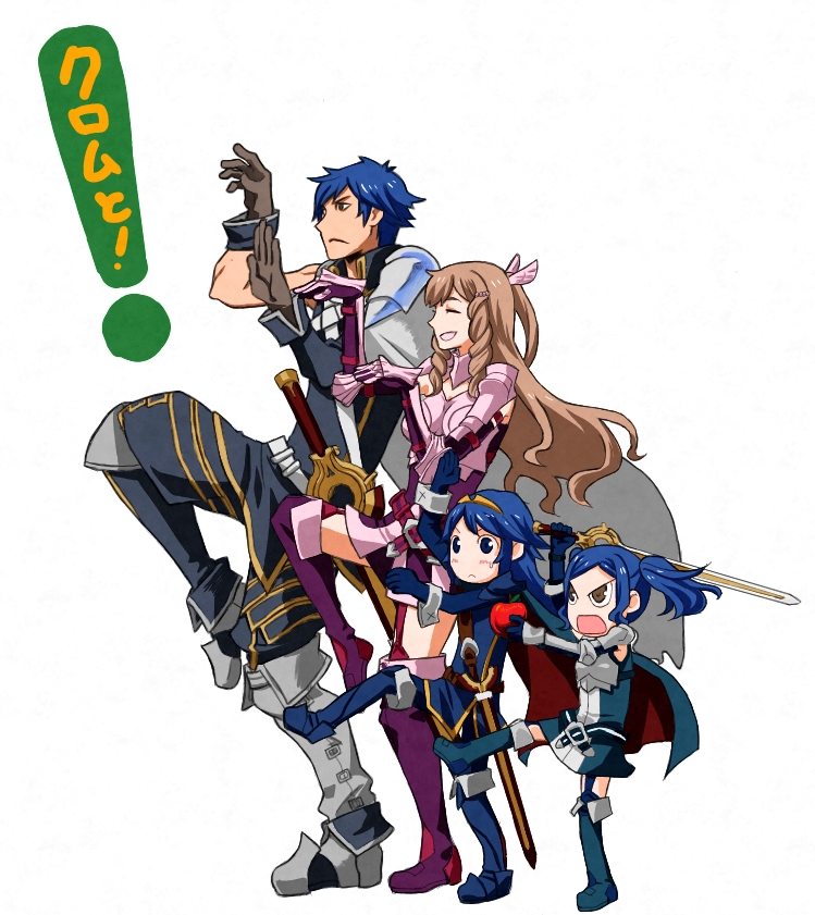 1boy, 3girls, ^_^, apple, ariazi, armor, blue_eyes, blue_hair, boots, brown_eyes, brown_hair, cape, closed_eyes, cynthia_(fire_emblem), family, fire_emblem, fire_emblem:_kakusei, food, fruit, garter_straps, gloves, knee_boots, krom, lucina, multiple_girls, parody, standing_on_one_leg, sumia, sword, twintails, weapon, yotsubato!, yotsubato!_pose