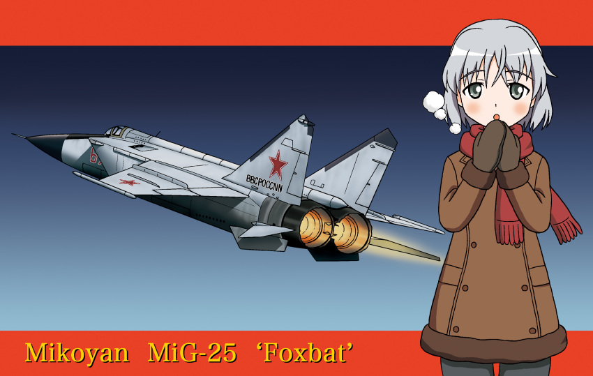airplane, breath, coat, highres, keygift, mig-25, military, pantyhose, sanya_v_litvyak, scarf, strike_witches