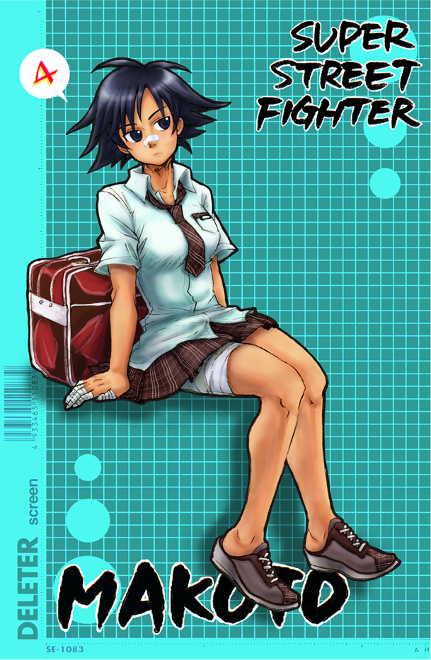 1girl, alternate_costume, bag, bandaged_fingers, bandages, bandaid, bandaid_on_nose, black_eyes, black_hair, character_name, copyright_name, makoto, necktie, no_socks, school_bag, school_uniform, shirt, shoes, short_hair, short_sleeves, sitting, skirt, sneakers, solo, street_fighter, street_fighter_iv, takezou_kaneya