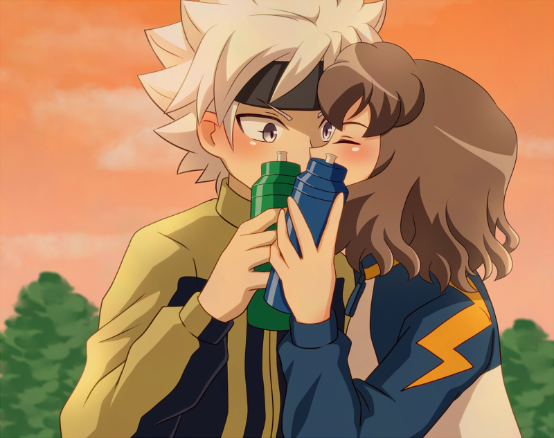 2boys, blush, bottle, brown_hair, closed_eyes, clouds, gassan_kunimitsu, headband