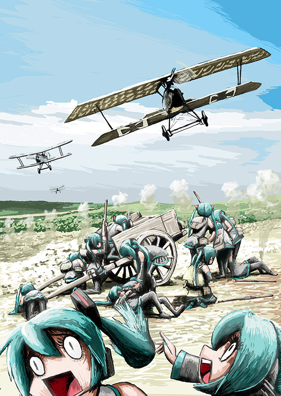 airplane, albatros_d.v, battle, cart, gun, hatsune_miku, military, royal_aircraft_factory_s.e.5, rxjx, twintails, vocaloid, weapon, world_war_i