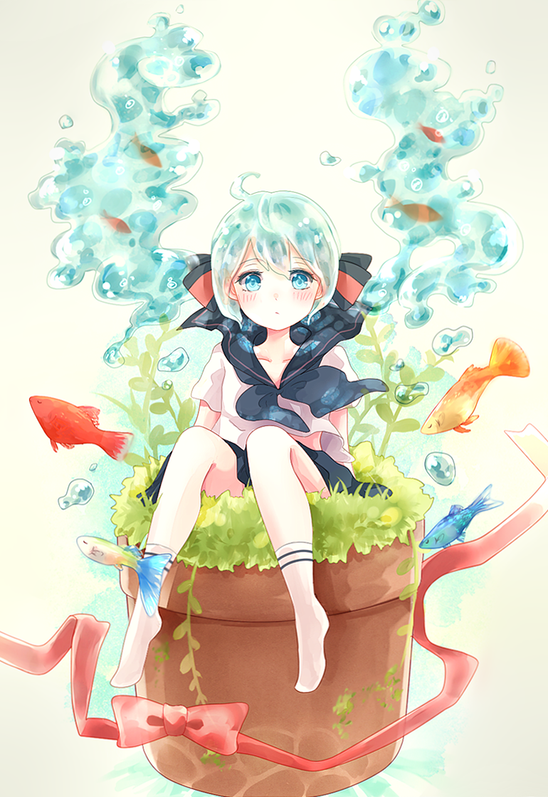 1girl, aqua_eyes, aqua_hair, as8521, bottle_miku, fish, floating_hair, hatsune_miku