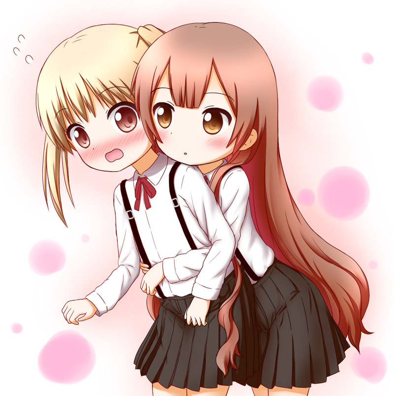 2girls, aoba_(kona), blonde_hair, blush, brown_eyes, brown_hair, flying, flying_sweatdrops