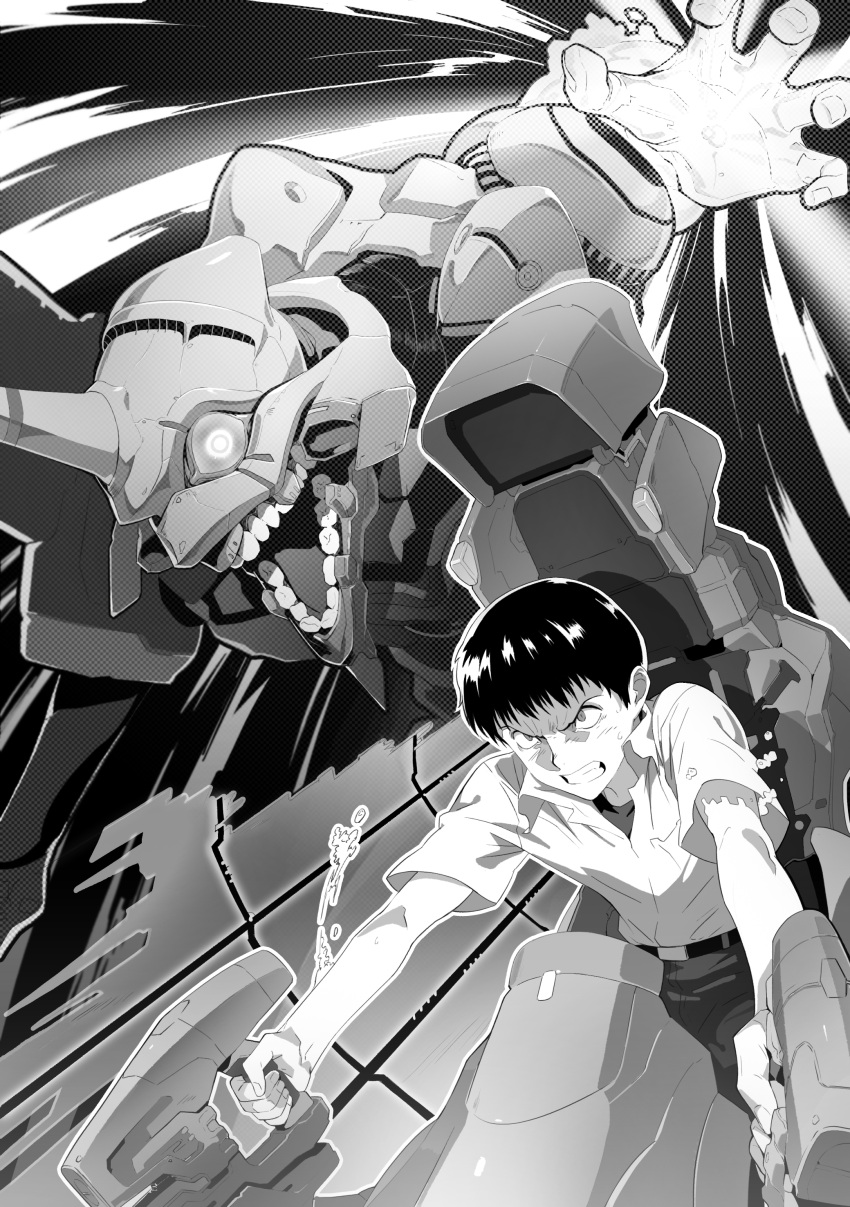 1boy, absurdres, angry, berserker_rage, black_hair, clenched_teeth, dress_shirt, eva_01