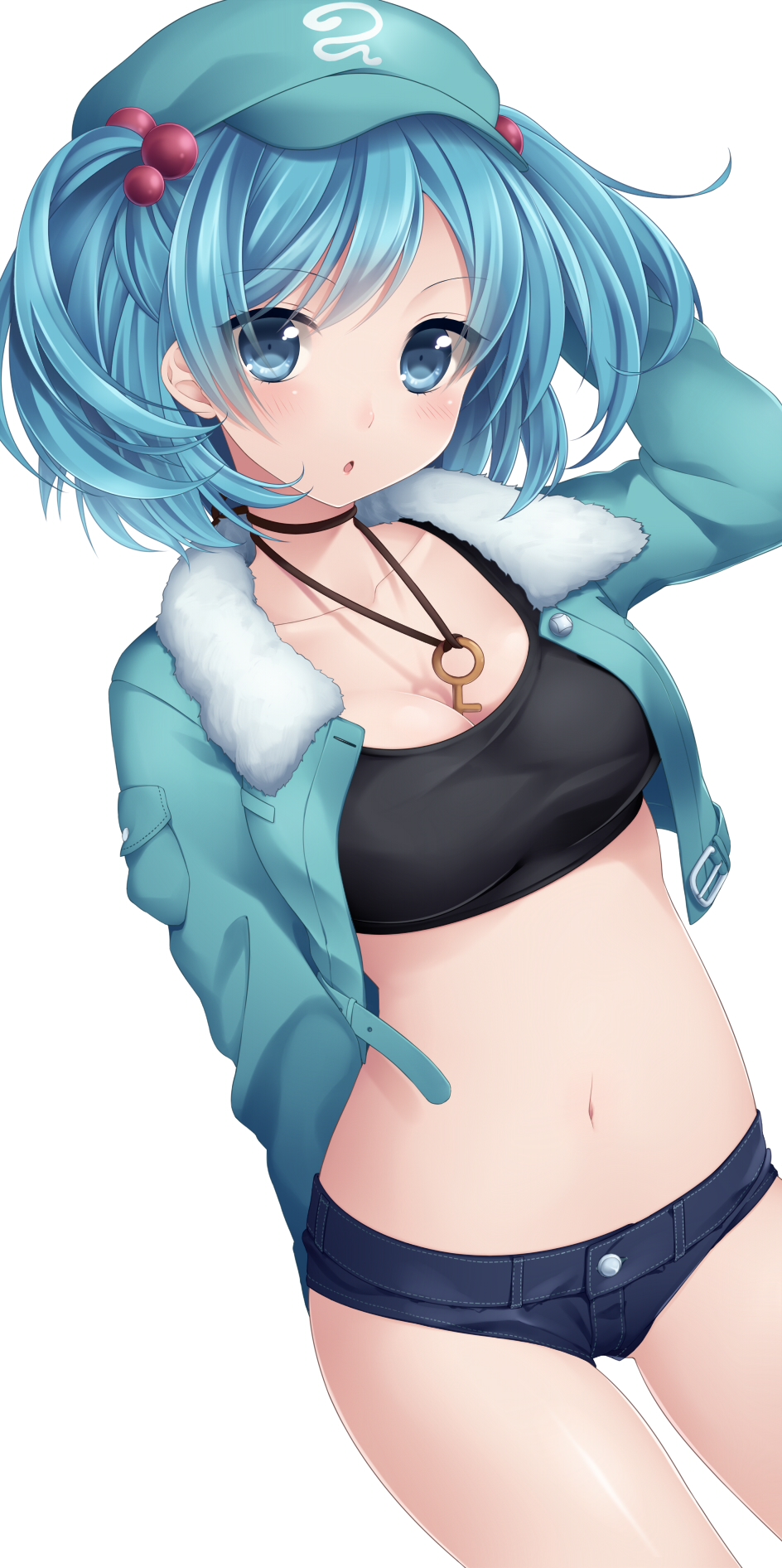 1girl, alternate_costume, arm_behind_back, between_breasts, black_bra, blue_eyes, blue_hair, bra