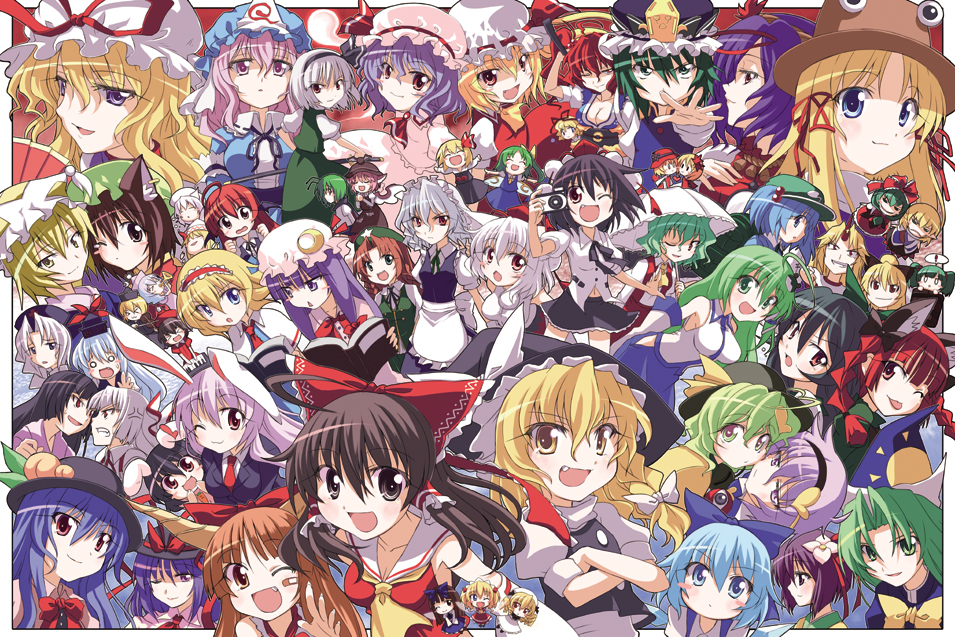aki_minoriko, aki_shizuha, alice_margatroid, bucket, chen, cirno, daiyousei, everyone, flandre_scarlet, fujiwara_no_mokou, hakurei_reimu, hieda_no_akyuu, hinanawi_tenshi, hitodama, hong_meiling, horn, hoshiguma_yuugi, houraisan_kaguya, ibuki_suika, in_bucket, in_container, inaba_tewi, inubashiri_momiji, izayoi_sakuya, kaenbyou_rin, kagiyama_hina, kamishirasawa_keine, kawashiro_nitori, kazami_yuuka, kirisame_marisa, kisume, kitahara_tomoe_(kitahara_koubou), koakuma, kochiya_sanae, komeiji_koishi, komeiji_satori, konpaku_youmu, konpaku_youmu_(ghost), kurodani_yamame, letty_whiterock, lily_white, luna_child, lunasa_prismriver, lyrica_prismriver, medicine_melancholy, merlin_prismriver, mima, mizuhashi_parsee, moriya_suwako, multiple_girls, mystia_lorelei, nagae_iku, onozuka_komachi, patchouli_knowledge, rabbit_ears, reisen_udongein_inaba, reiuji_utsuho, remilia_scarlet, rumia, saigyouji_yuyuko, shameimaru_aya, shikieiki_yamaxanadu, star_sapphire, sunny_milk, touhou, wriggle_nightbug, yagokoro_eirin, yakumo_ran, yakumo_yukari, yasaka_kanako