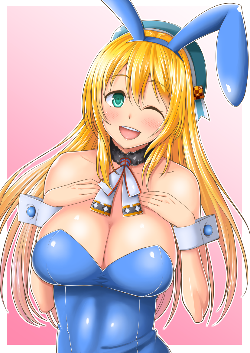1girl, ;d, animal_ears, atago_(kantai_collection), bare_shoulders, beret, blonde_hair, blue_eyes