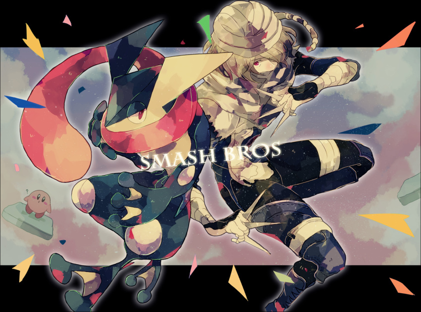 1girl, ?, blonde_hair, greninja, kirby, kirby_(series), knife, ocarina_of_time