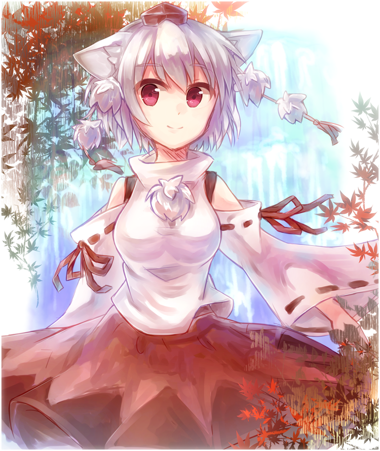 1girl, animal_ears, breasts, detached_sleeves, happy, hat, inubashiri_momiji, looking_at_viewer