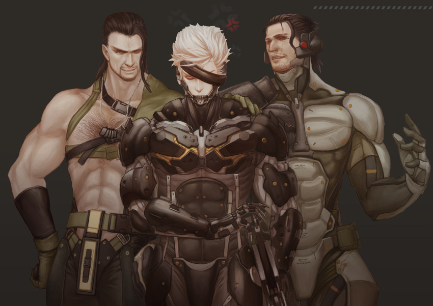 3boys, anger_vein, armor, beard, belt, black_hair, brown_eyes, closed_eyes