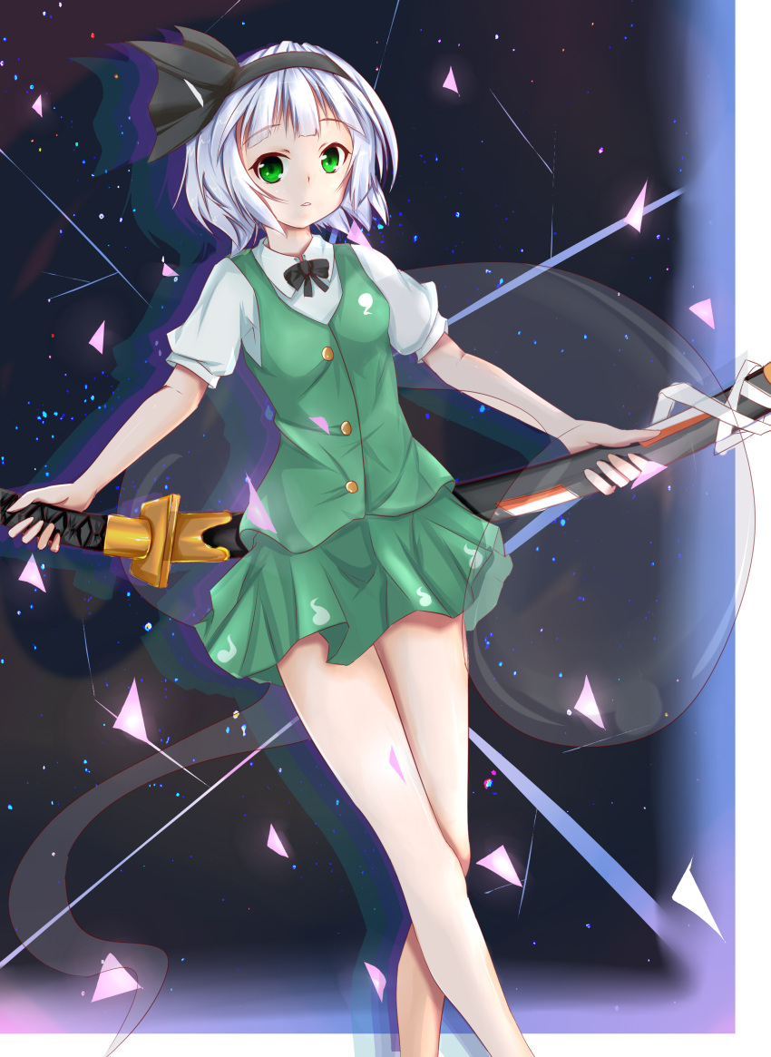 1girl, absurdres, breasts, ghost, green_eyes, green_skirt, hair_ribbon, hairband