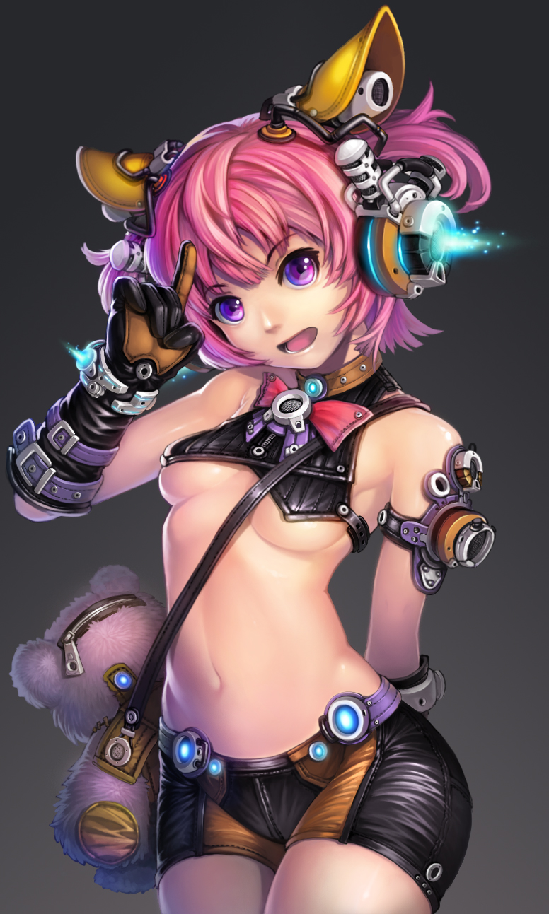 1girl, bag, bikini_top, breasts, finger_to_head, gloves, headphones, highres, jak, looking_at_viewer, mecha_musume, navel, original, pink_hair, short_hair, shorts, simple_background, solo, stuffed_animal, stuffed_toy, teddy_bear, under_boob