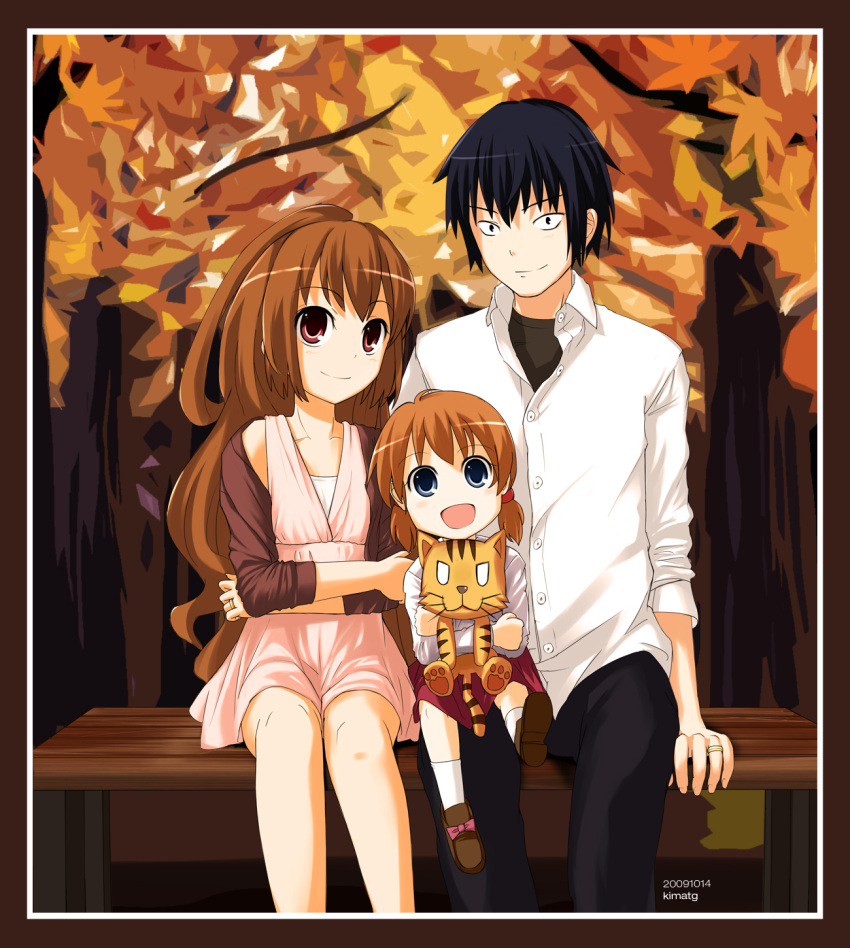 aisaka_taiga, autumn, bench, black_hair, blue_eyes, brown_eyes, brown_hair, child, doll, family, highres, if_they_mated, jewelry, kimatg, long_hair, palmtop_tiger, ring, spoilers, stuffed_animal, stuffed_toy, takasu_ryuuji, tiger, toradora!