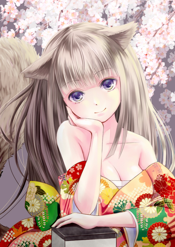 1girl, animal_ears, bare_shoulders, blue_eyes, breasts, brown_hair, cleavage, flower