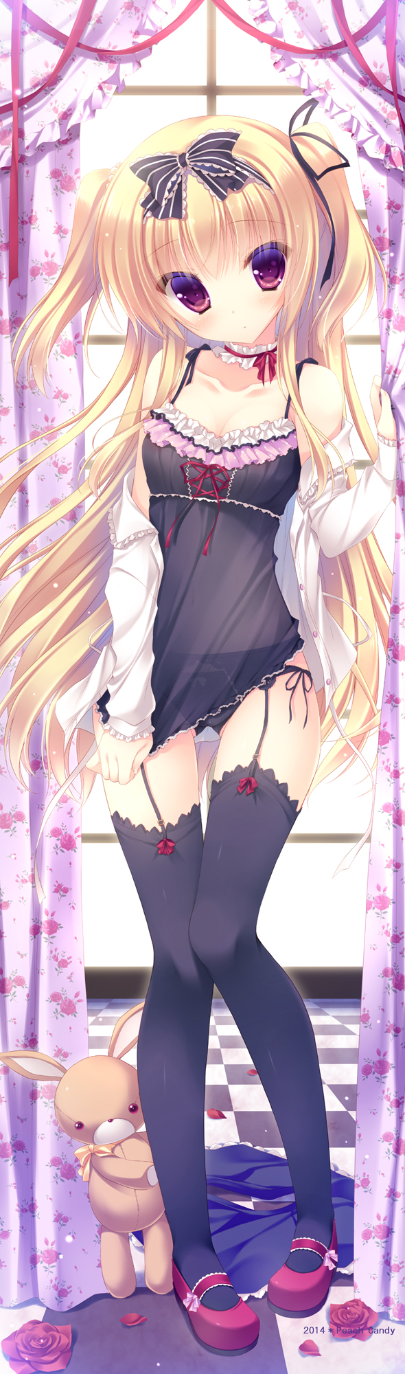 1girl, bad_id, black_legwear, black_panties, blonde_hair, blush, bow, breasts