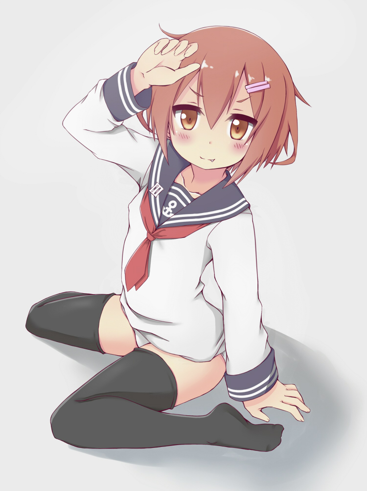 1girl, black_legwear, blush, brown_eyes, brown_hair, fang, hair_ornament, hairclip