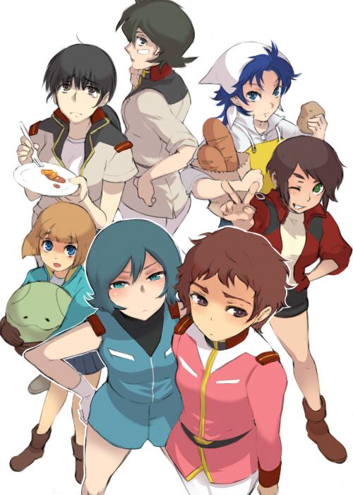 bread, carrot, food, fork, genderswap, gundam, gundam_0083, gundam_08th_ms_team