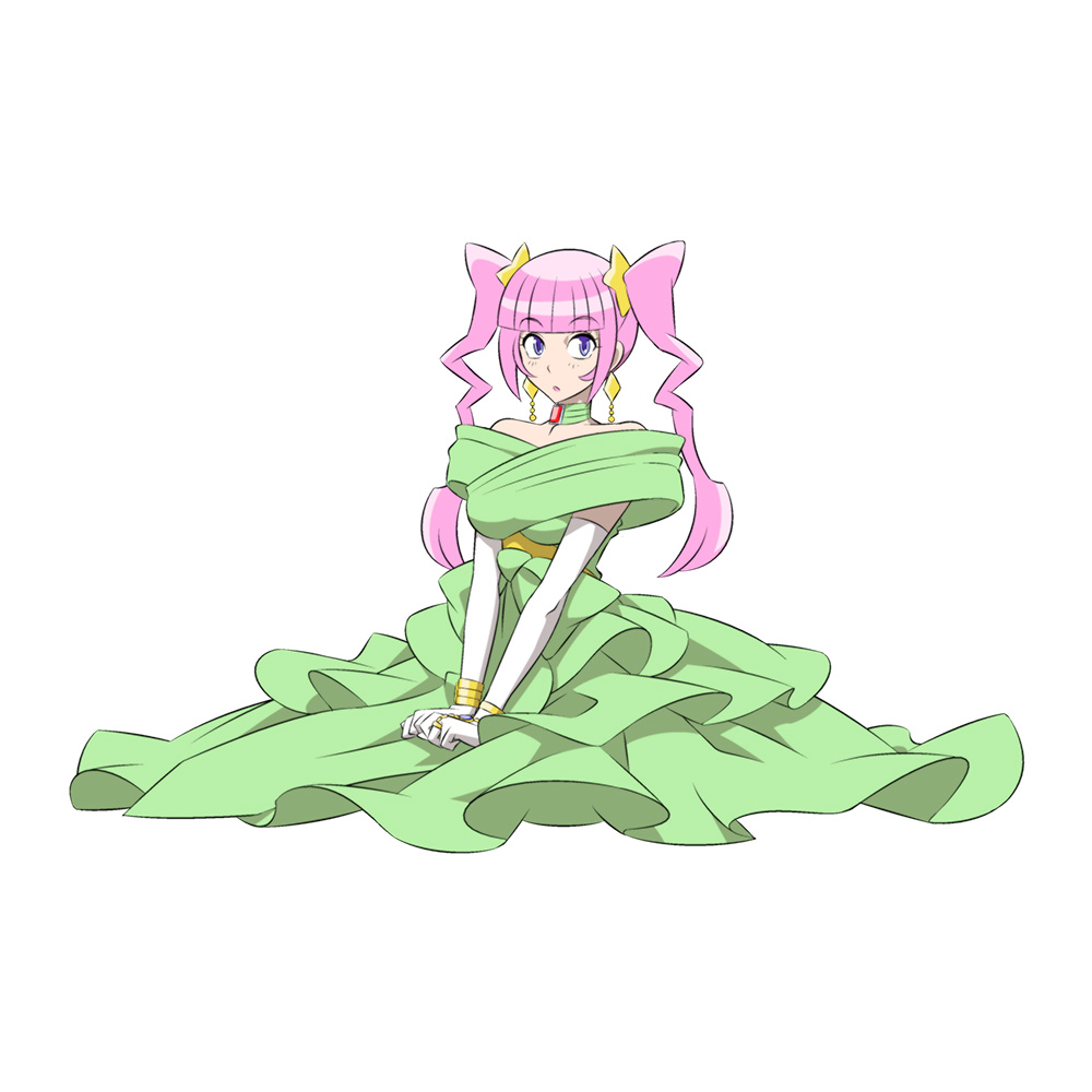 bangle, blue_eyes, bodysuit, bracelet, breasts, choker, earrings, elbow_gloves, gloves, gundam, gundam_build_fighters, hair_ornament, jewelry, kirara_(gundam_bf), large_breasts, laura_rolla, laura_rolla_(cosplay), lipstick, long_dress, long_hair, makeup, mdc_honpo, pink_hair, simple_background, sitting, twintails, white_background