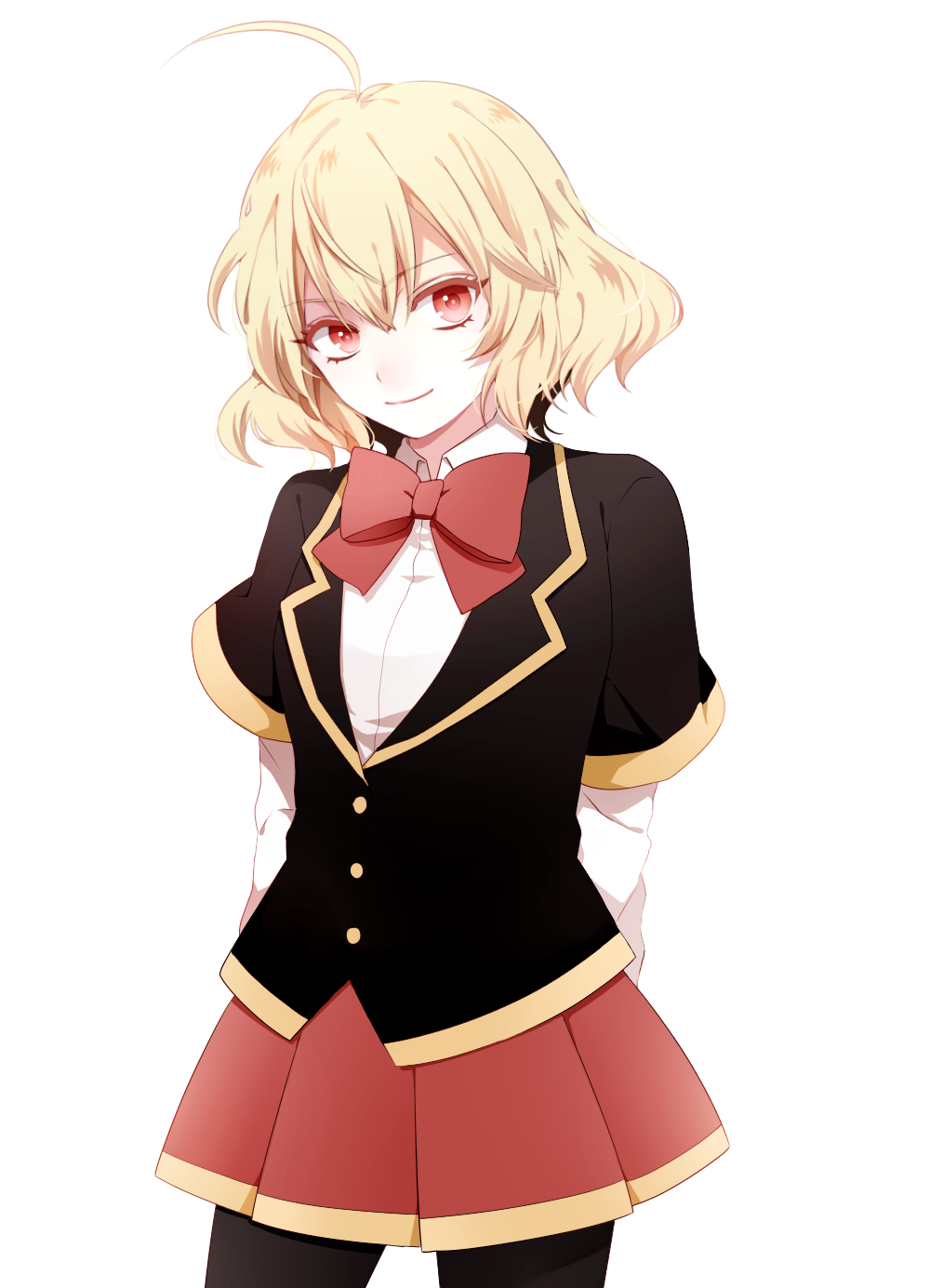 1girl, ahoge, akuma_no_riddle, arms_behind_back, blonde_hair, bow, hashiri_nio, highres, long_sleeves, pantyhose, red_eyes, school_uniform, short_hair, skirt, smile, solo, white_background, yukiralu