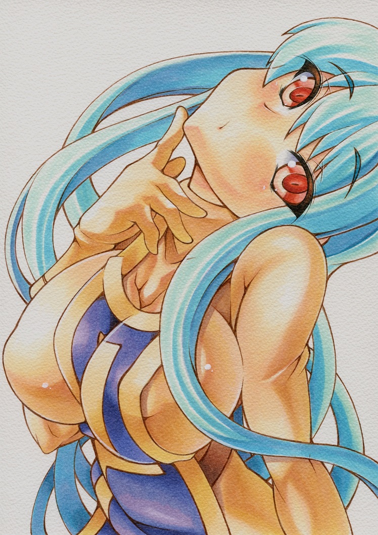1girl, blue_hair, blush, bodysuit, breasts, dragon_quest, dragon_quest_iii, finger_to_face