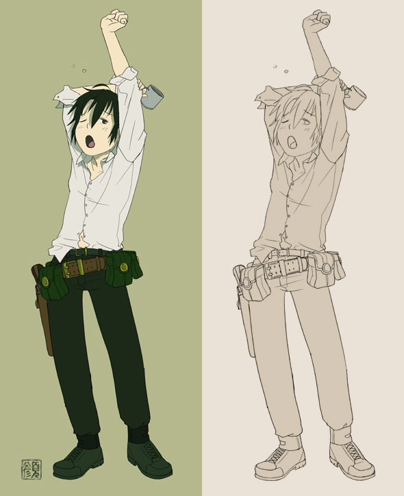 1girl, ahoge, androgynous, belt, carolyn_gan, cup, gun, holster