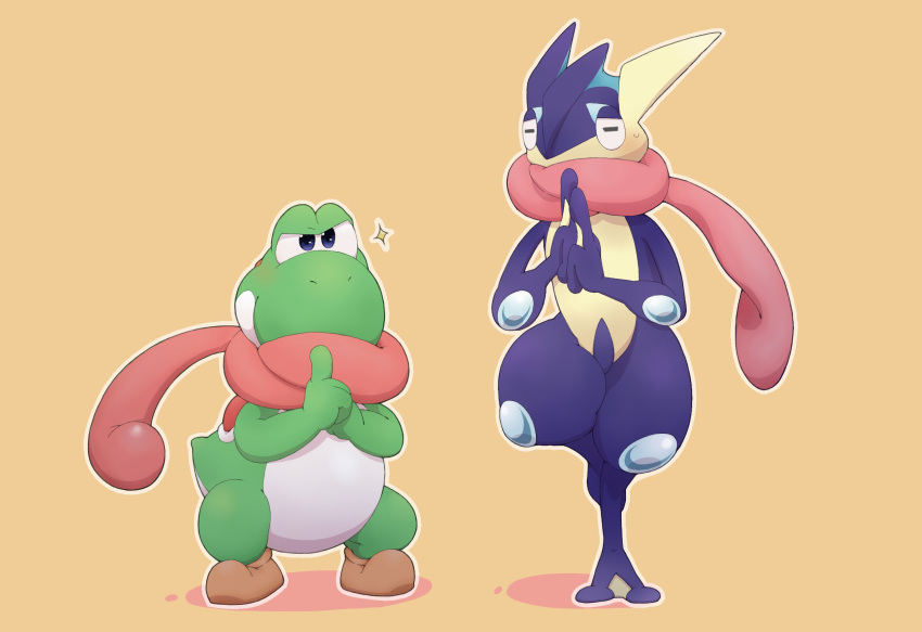 blue_eyes, blush, greninja, hand_seal, highres, looking_at_viewer, super_mario_bros., ninja, no_humans, nose, orange_background, pokemon, pokemon_(creature), shadow, shoes, simple_background, slit_pupils, sparkle, standing_on_one_leg, super_smash_bros., sweatdrop, tongue, tongue_out, webbed_feet, yonezmi, yoshi