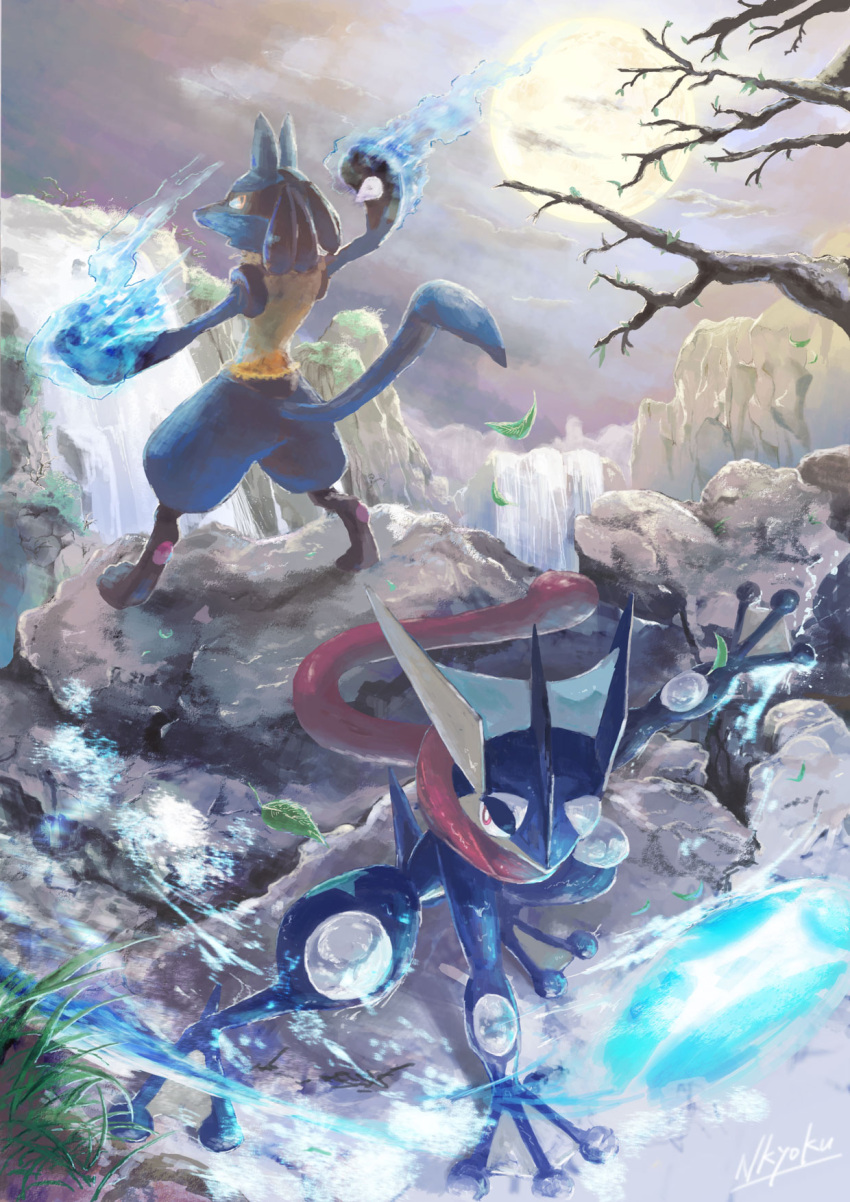 aura, full_moon, greninja, highres, leaf, lucario, moon, nkyoku