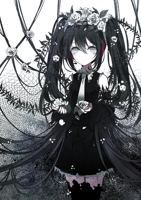 1girl, black_hair, detached_sleeves, flower, grey_eyes, hair_flower, hair_ornament, hatsune_miku