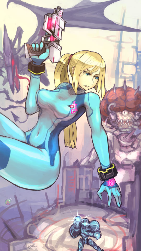 blonde_hair, blue_eyes, covered_navel, dark_samus, glowing, gun, metroid, mother_brain