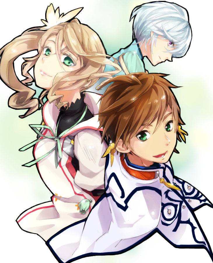 alicia_(tales), blue_hair, brown_hair, green_eyes, kmikan, miclio_(tales), side_ponytail, slay_(tales)