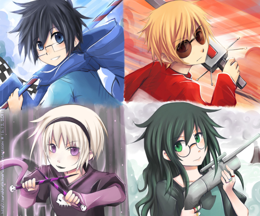 2boys, 2girls, black_hair, black_lipstick, blonde_hair, blue_eyes, dave_strider, glasses, green_eyes, green_hair, gun, hairband, homestuck, jade_harley, john_egbert, lipstick, long_hair, makeup, multiple_boys, multiple_girls, rifle, rose_lalonde, round_glasses, short_hair, skull, smile, sunglasses, sunshineikimaru, sword, violet_eyes, wand, watermark, weapon, web_address