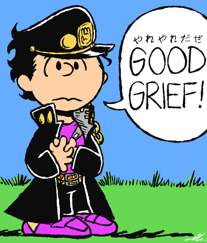 1boy, charlie_brown, english, highres, jojo_no_kimyou_na_bouken, kuujou_joutarou, leomodesto, long_coat