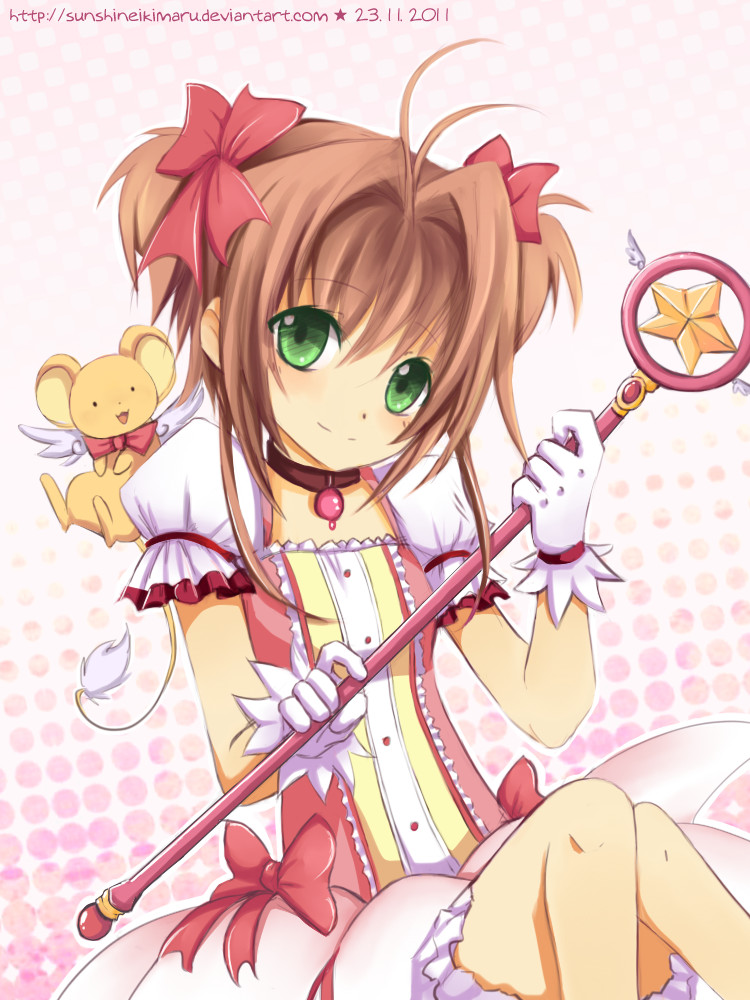 1girl, 2011, antenna_hair, bow, brown_hair, cardcaptor_sakura, choker, dated, dress, gloves, green_eyes, hair_ribbon, hoshi_no_tsue, kaname_madoka, kaname_madoka_(cosplay), kero, kinomoto_sakura, magical_girl, mahou_shoujo_madoka_magica, ribbon, short_hair, short_twintails, smile, solo, sunshineikimaru, twintails, wand, watermark, web_address