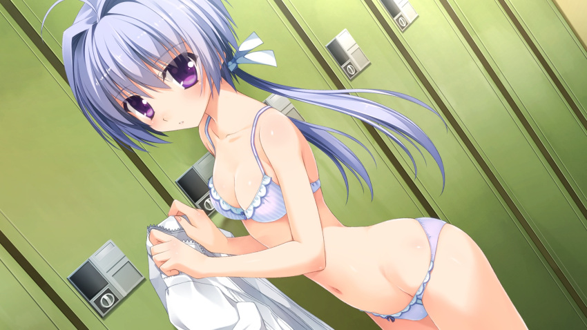 1girl, berry's, blue_eyes, bra, dutch_angle, highres, holding_clothes, locker