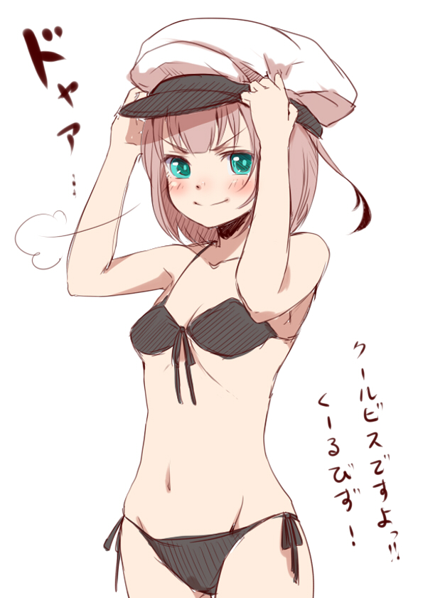 1girl, aqua_eyes, bikini, black_bikini, female_admiral_(kantai_collection), hat, kantai_collection, looking_at_viewer, mataichi_mataro, navel, pink_hair, short_hair, side-tie_bikini, smirk, solo, swimsuit, translation_request