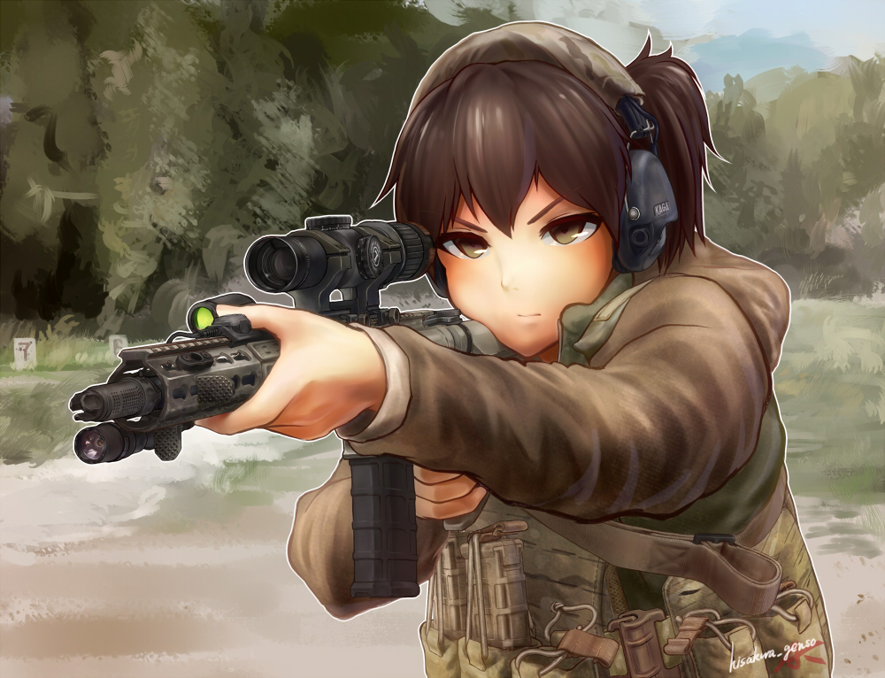 1girl, aiming, alternate_costume, assault_rifle, brown_eyes, brown_hair, camouflage, chris_costa