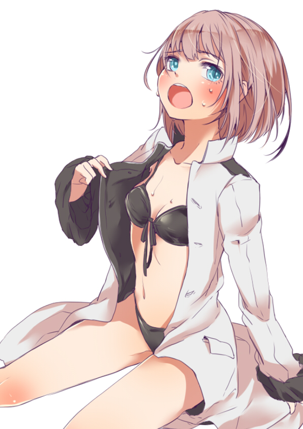 1girl, bikini, black_bikini, blush, female_admiral_(kantai_collection), jacket, kantai_collection, mataichi_mataro, navel, open_clothes, open_jacket, open_mouth, pink_hair, short_hair, sitting, small_breasts, solo, swimsuit