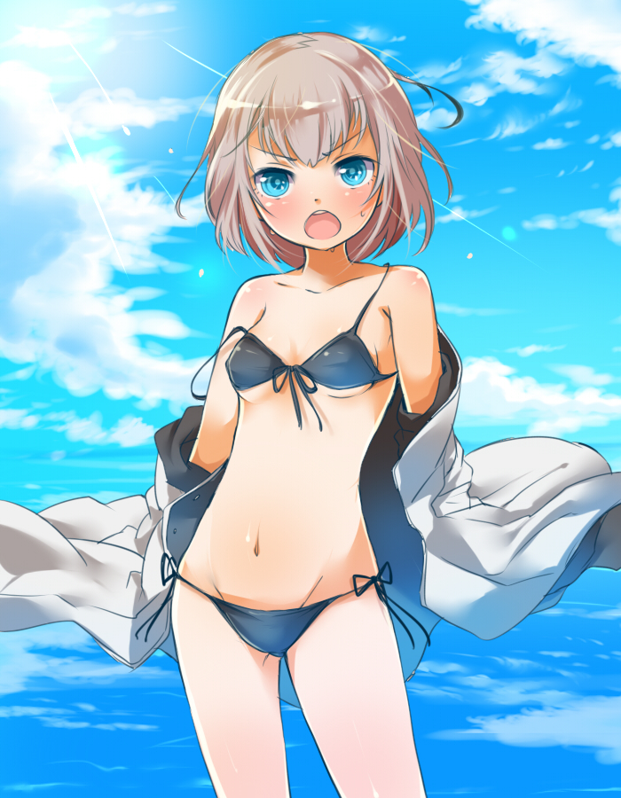 1girl, bare_shoulders, bikini, black_bikini, blue_eyes, female_admiral_(kantai_collection), kantai_collection, looking_at_viewer