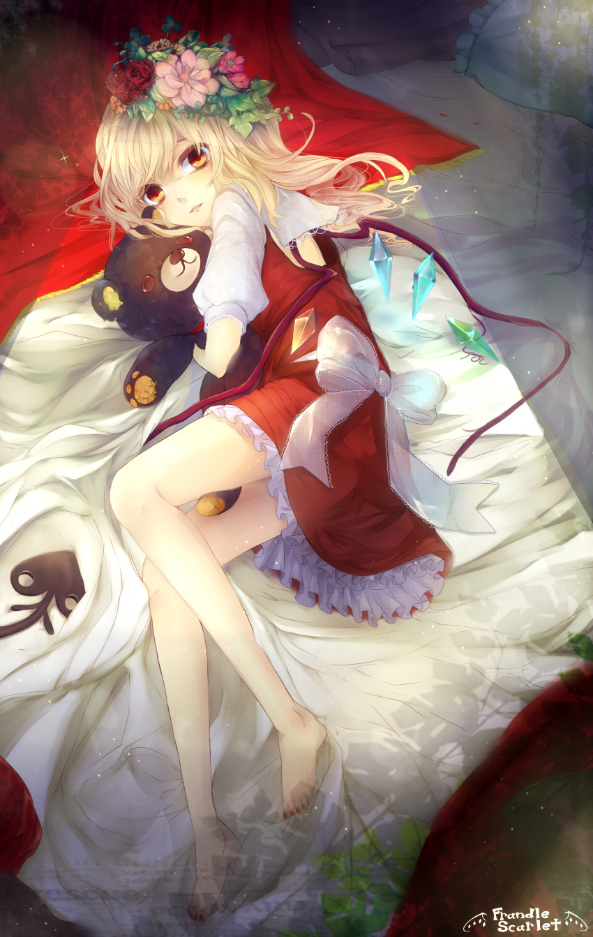 1girl, absurdres, barefoot, doll_hug, dress, flandre_scarlet, flower, hair_flower