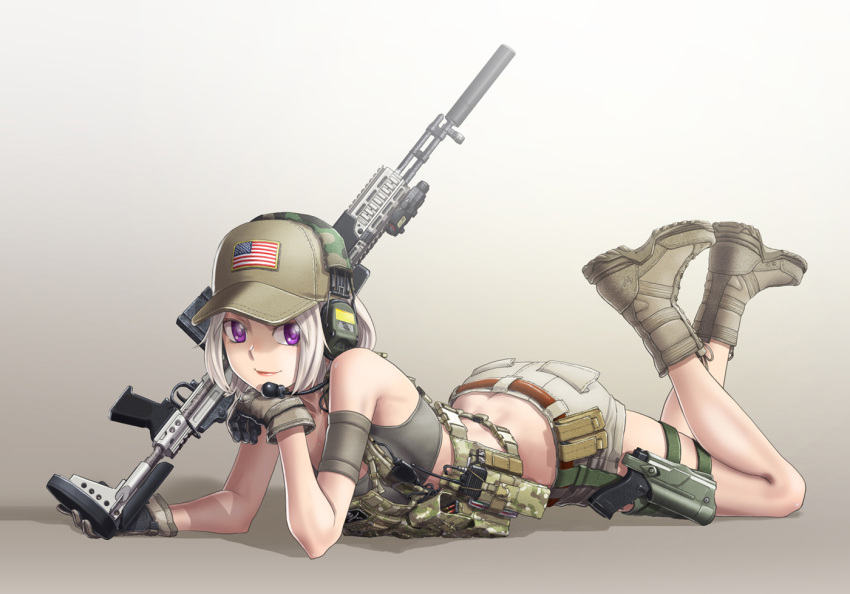 1girl, assault_rifle, battle_rifle, combat_boots, glock, gloves, gun, handgun