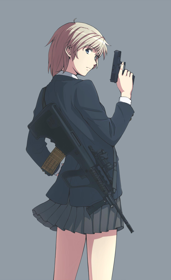 1girl, aimpoint, assault_rifle, blonde_hair, blue_eyes, bullpup, foregrip, glock