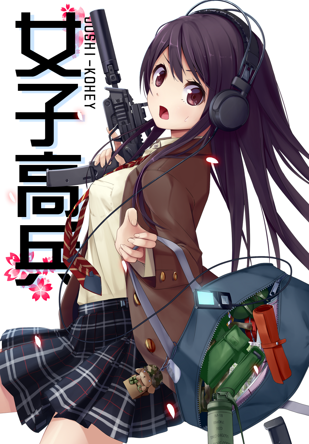 1girl, bag, black_hair, brown_eyes, c4, camouflage, cherry_blossoms, chibi