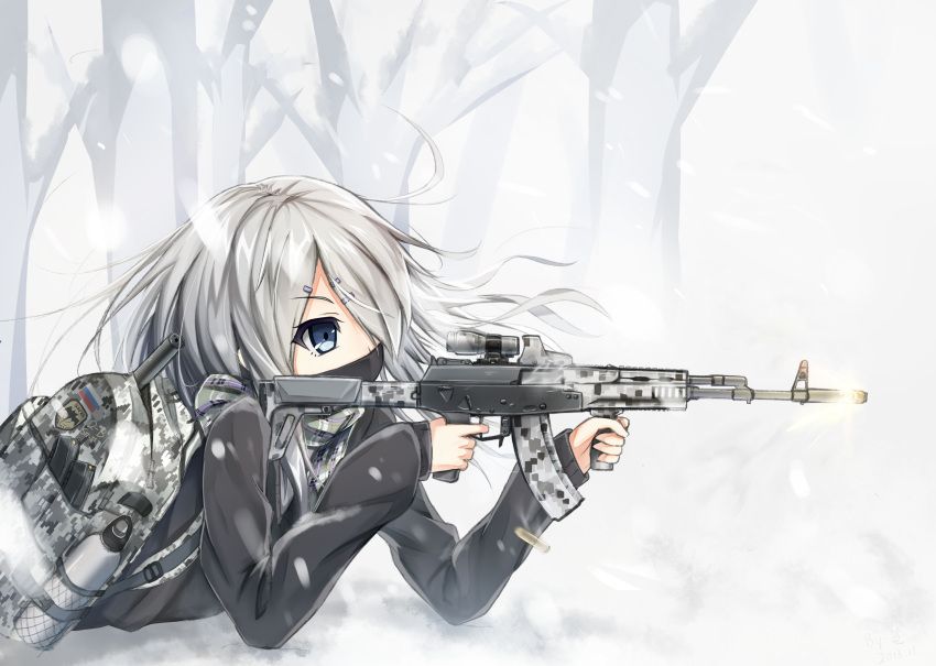 1girl, aiming, ak-12, assault_rifle, backpack, bag, blue_eyes, bottle