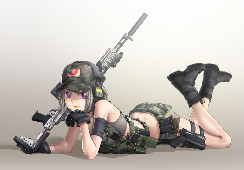 1girl, american_flag, assault_rifle, battle_rifle, camouflage, combat_boots, glock, gloves
