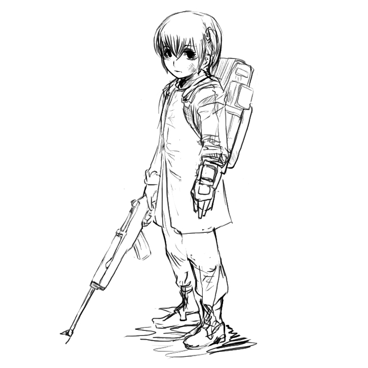backpack, bag, boots, coat, fallout_3, gloves, gun, guoguang, mini-14, rifle, short_hair, sketch, weapon