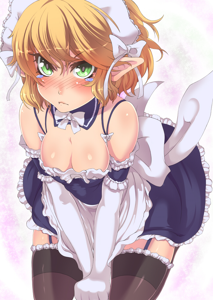 1girl, alternate_costume, arm_warmers, black_legwear, blonde_hair, blush, breasts, cleavage