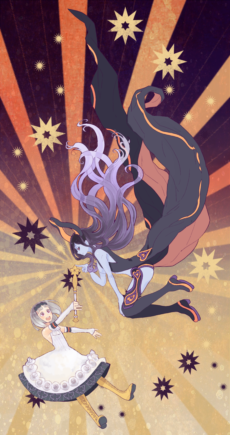 2girls, amachi_(ageha0214), black_sclera, blue_skin, boots, cyda_afrarn, demon_horns, detached_sleeves