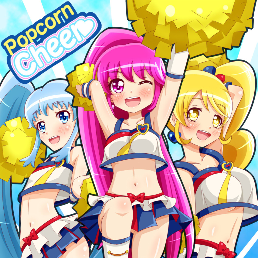 3girls, aino_megumi, alternate_form, blonde_hair, blue_eyes, blue_skirt, blush, cheerleader